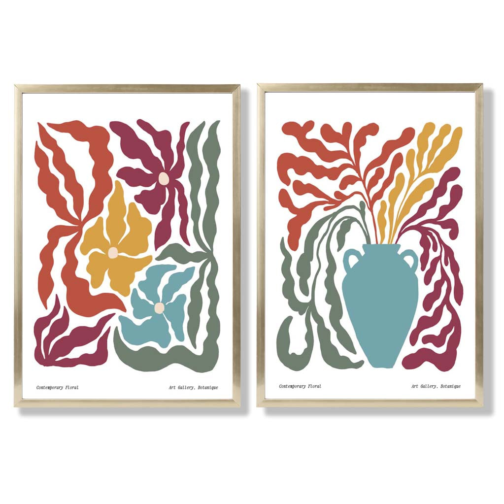 Colourful Boho Floral Set of 2 Art Prints with Gold Frame