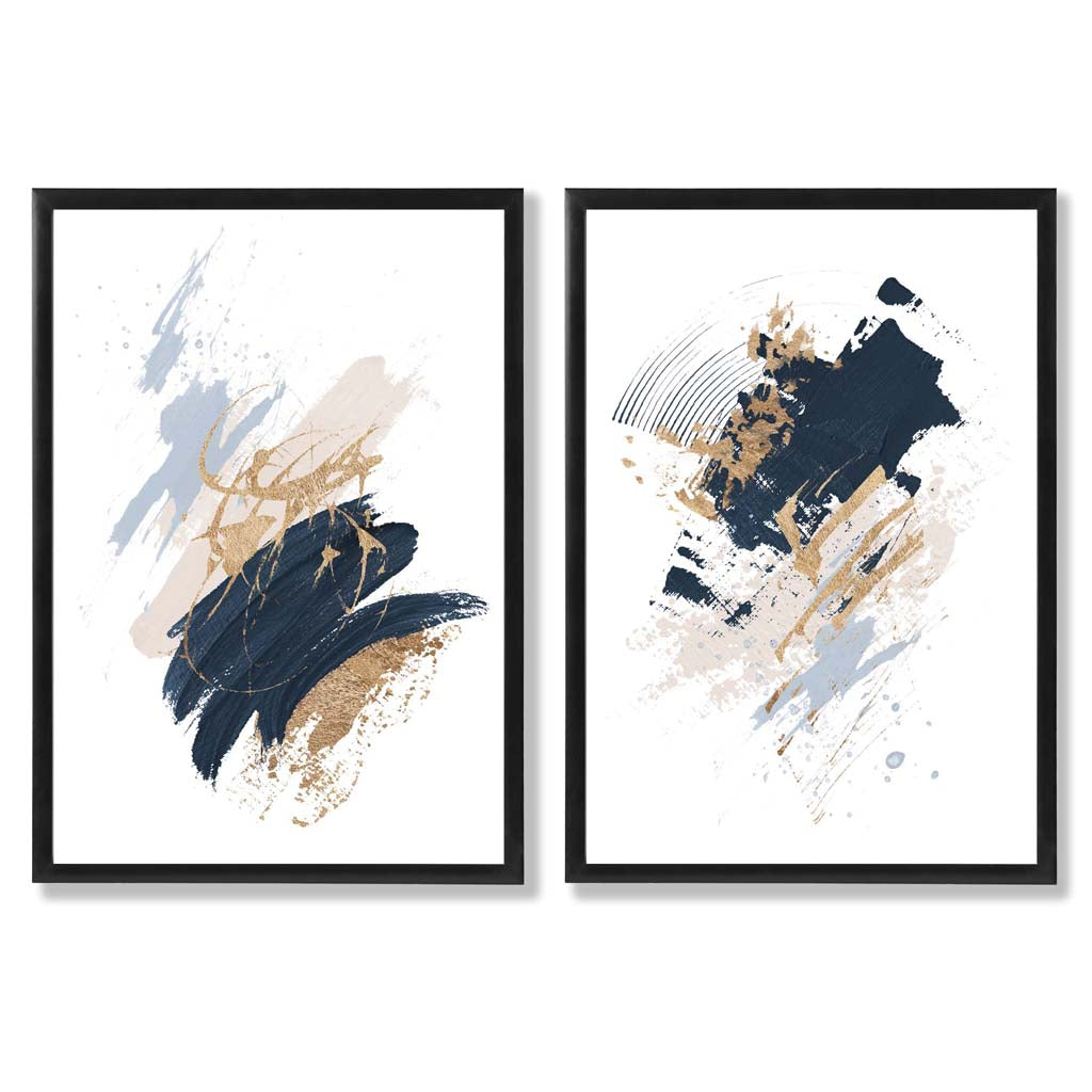 Navy, Blue and Beige Watercolour Shapes Set of 2 Art Prints with Black Frame