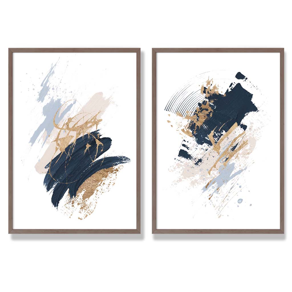 Navy, Blue and Beige Watercolour Shapes Set of 2 Art Prints with Walnut Frame