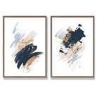 Navy, Blue and Beige Watercolour Shapes Set of 2 Art Prints with Walnut Frame