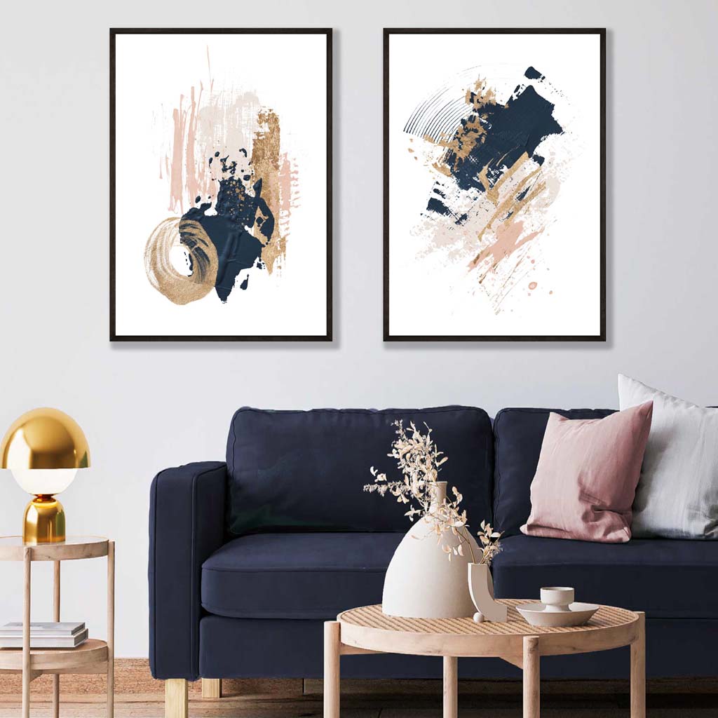 Set of 2 Pink  Navy Abstract Strokes Art Prints Set | Artze Wall Art UK