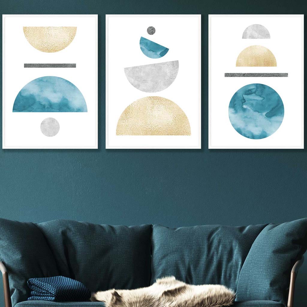 Aqua Blue, Gold and Grey Geometric Art Prints