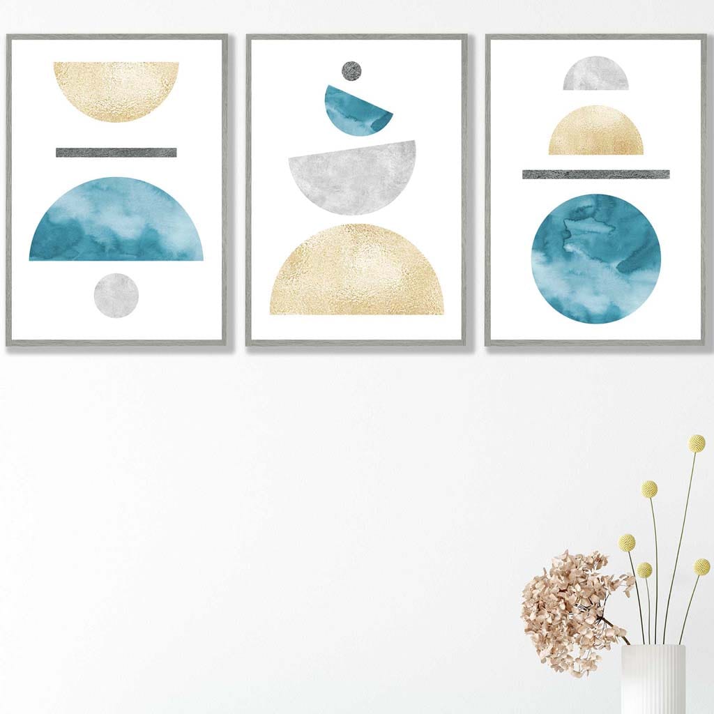 Aqua Blue, Gold and Grey Geometric Art Prints