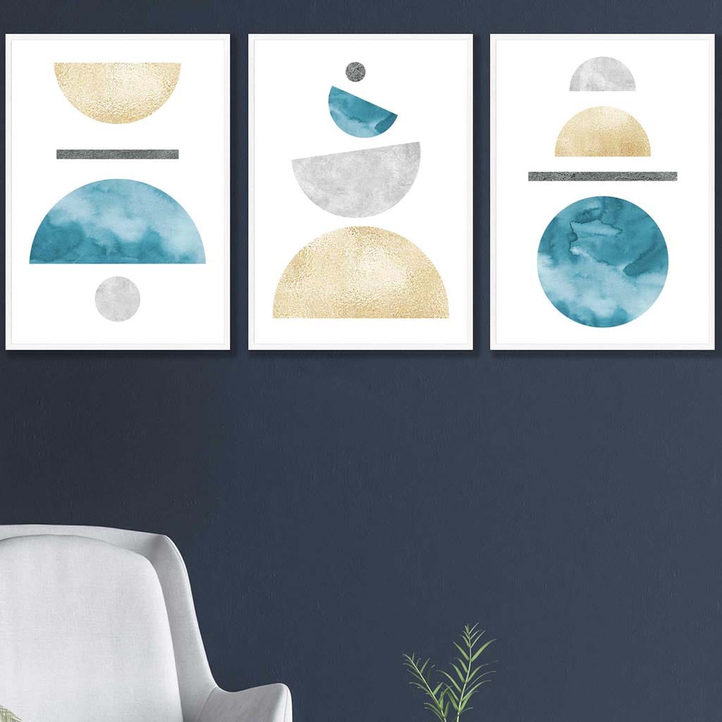 Aqua Blue, Gold and Grey Geometric Art Prints