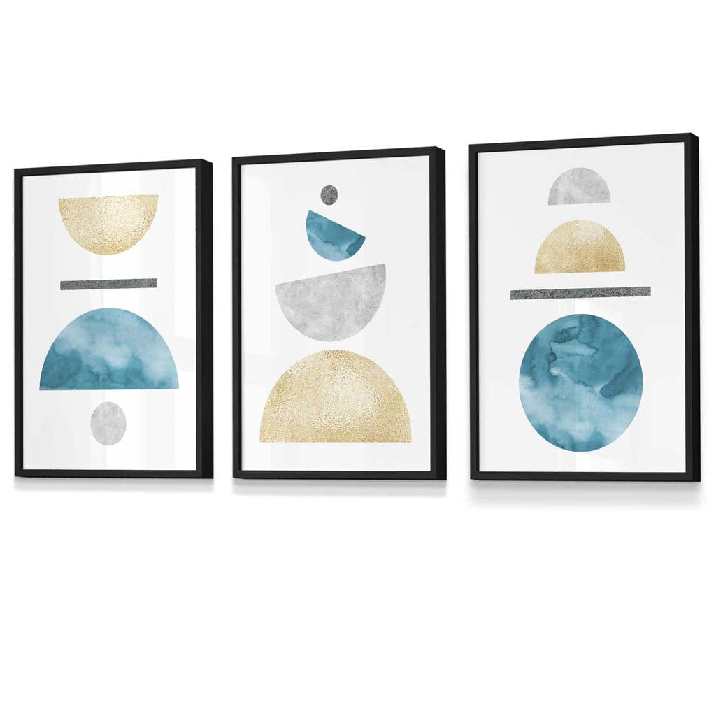 Yellow and Aqua Blue Abstract Mid Century Geometric Set of 3 Framed Wall Art | Artze Wall Art UK