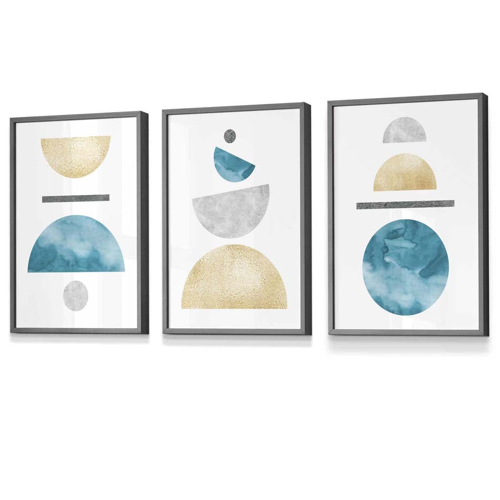 Yellow and Aqua Blue Abstract Mid Century Geometric Set of 3 Framed Wall Art | Artze Wall Art UK