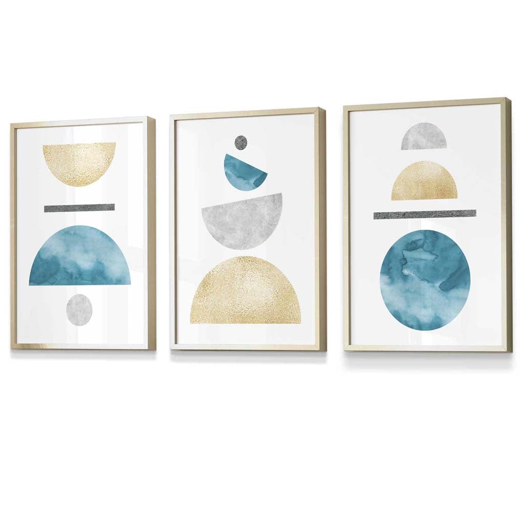 Yellow and Aqua Blue Abstract Mid Century Geometric Set of 3 Framed Wall Art | Artze Wall Art UK
