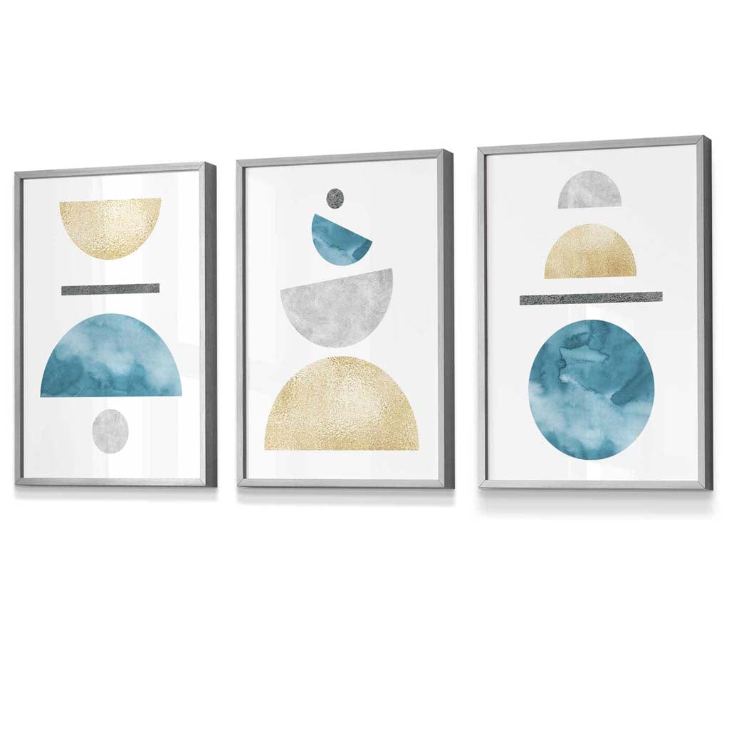 Yellow and Aqua Blue Abstract Mid Century Geometric Set of 3 Framed Wall Art | Artze Wall Art UK