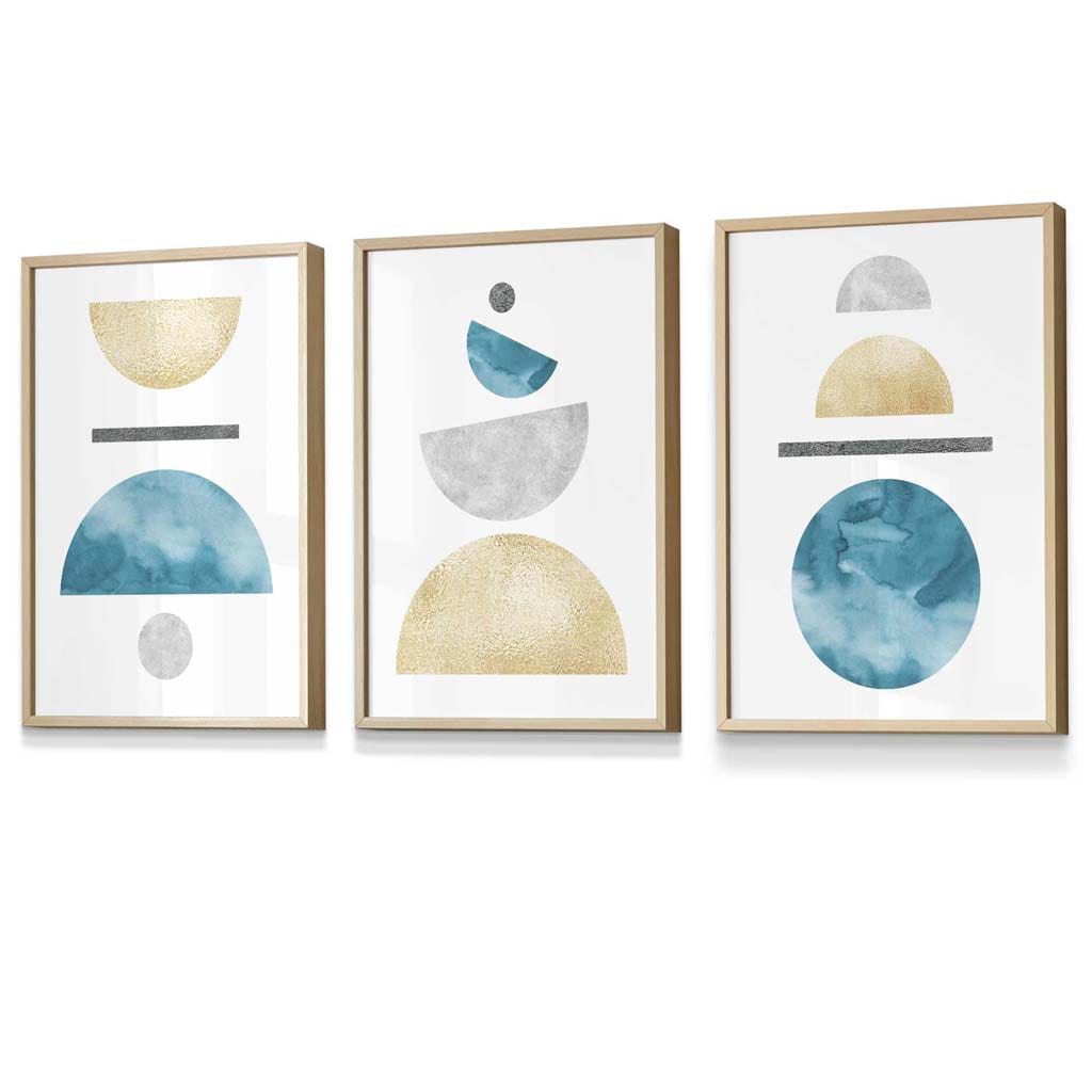 Yellow and Aqua Blue Abstract Mid Century Geometric Set of 3 Framed Wall Art | Artze Wall Art UK