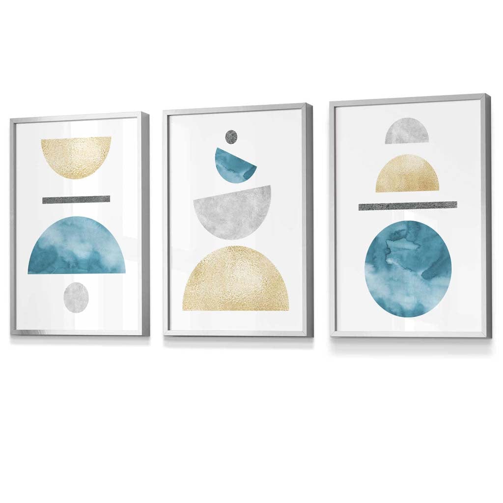 Yellow and Aqua Blue Abstract Mid Century Geometric Set of 3 Framed Wall Art | Artze Wall Art UK
