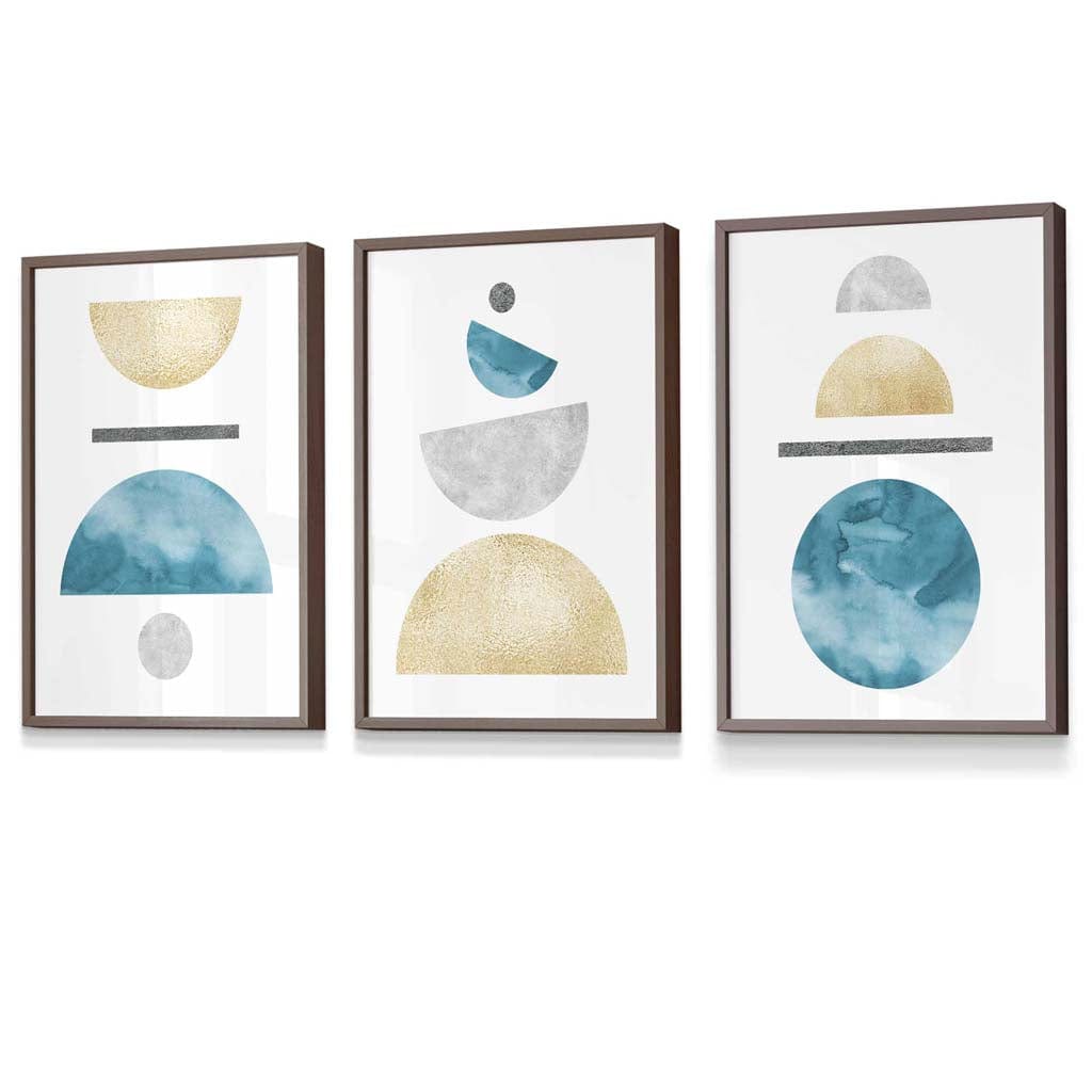 Yellow and Aqua Blue Abstract Mid Century Geometric Set of 3 Framed Wall Art | Artze Wall Art UK