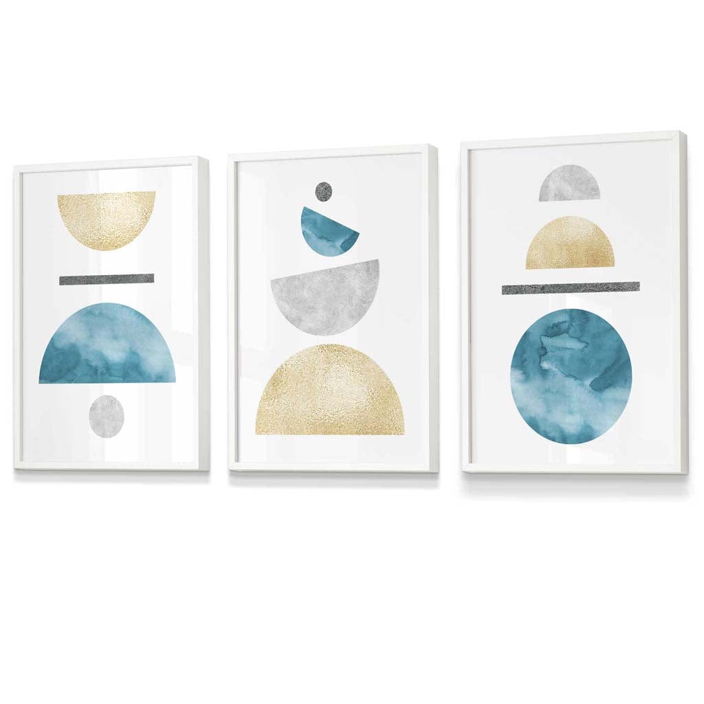Yellow and Aqua Blue Abstract Mid Century Geometric Set of 3 Framed Wall Art | Artze Wall Art UK