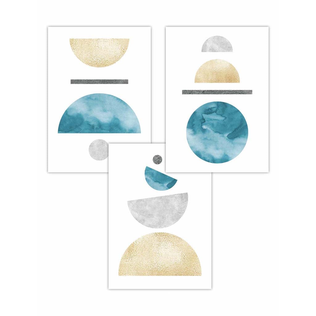 Aqua Blue, Gold and Grey Geometric Art Prints