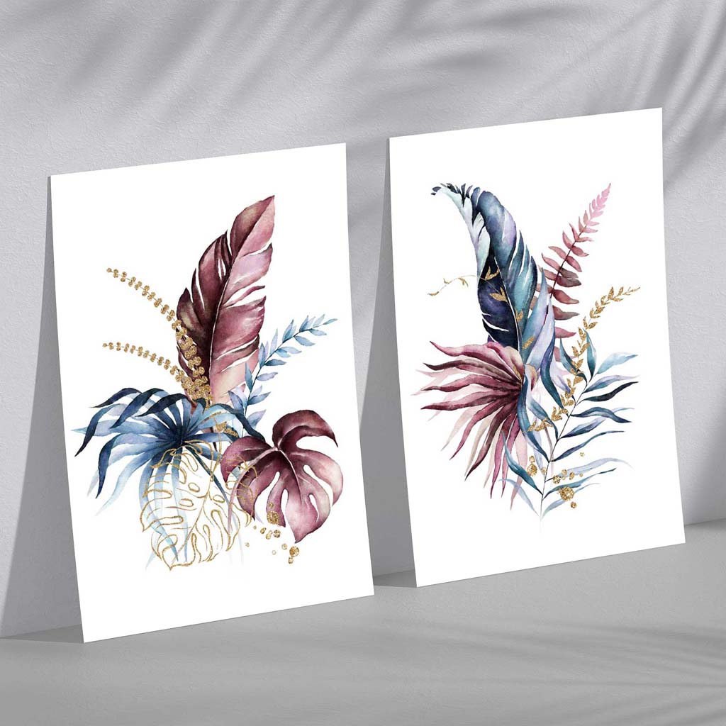 Abstract Pink,Blue Botanical Leaves Set of 2 Art Prints