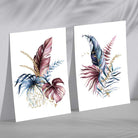 Abstract Pink,Blue Botanical Leaves Set of 2 Art Prints