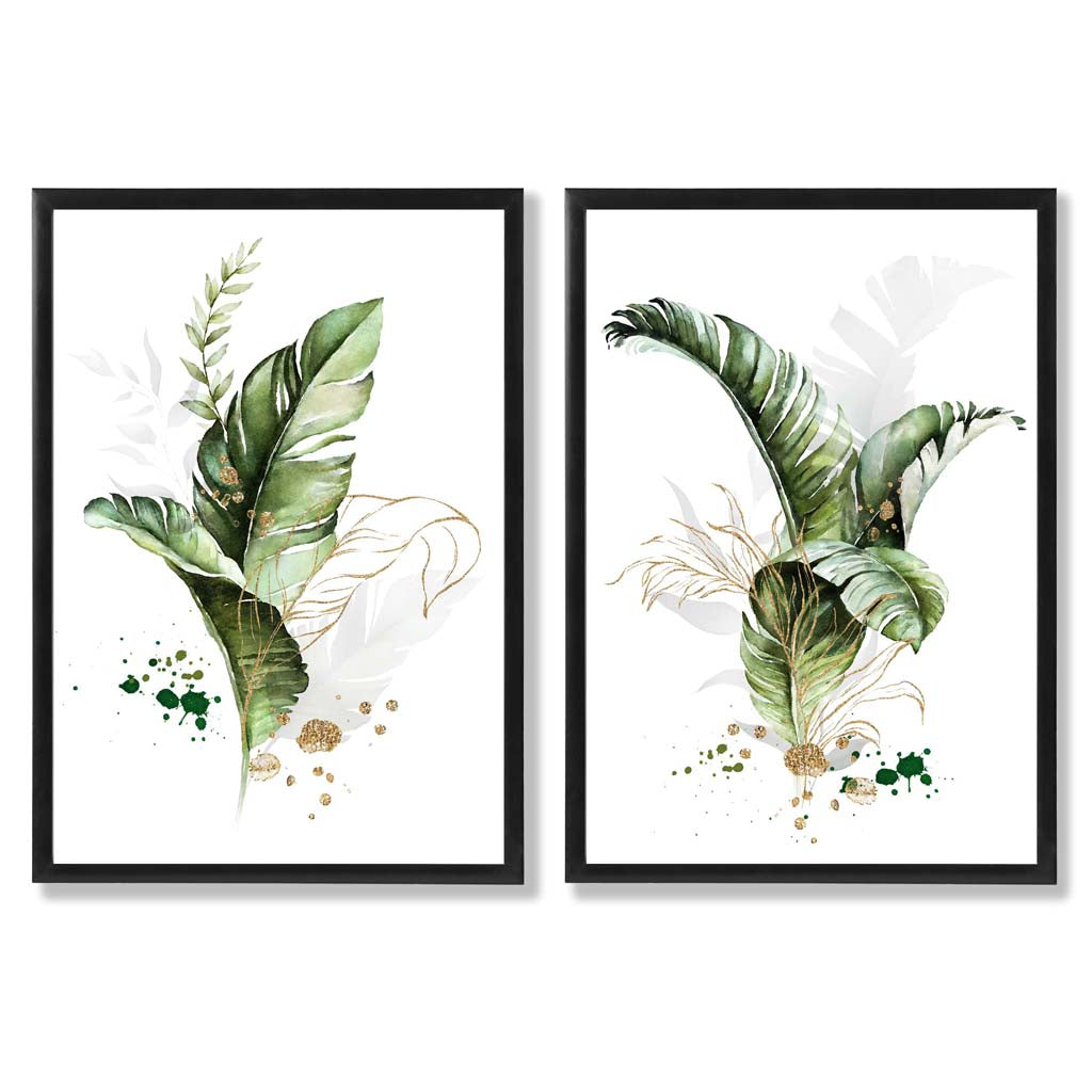 Abstract Green Botanical Leaves Set of 2 Art Prints with Black Frame