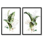 Abstract Green Botanical Leaves Set of 2 Art Prints with Black Frame