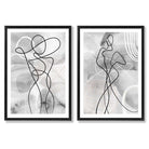 Grey Female Line Art Fashion Set of 2 Art Prints with Black Frame