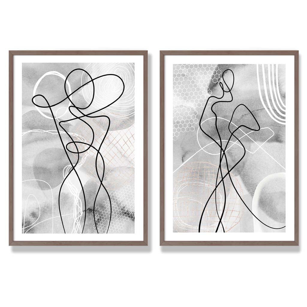 Grey Female Line Art Fashion Set of 2 Art Prints with Walnut Frame