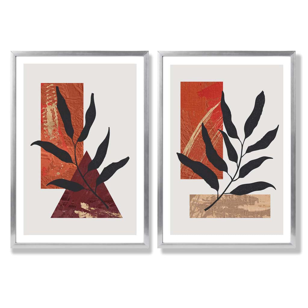 Modern Geometric Orange Gold Leaves Set of 2 Art Prints with Silver Frame