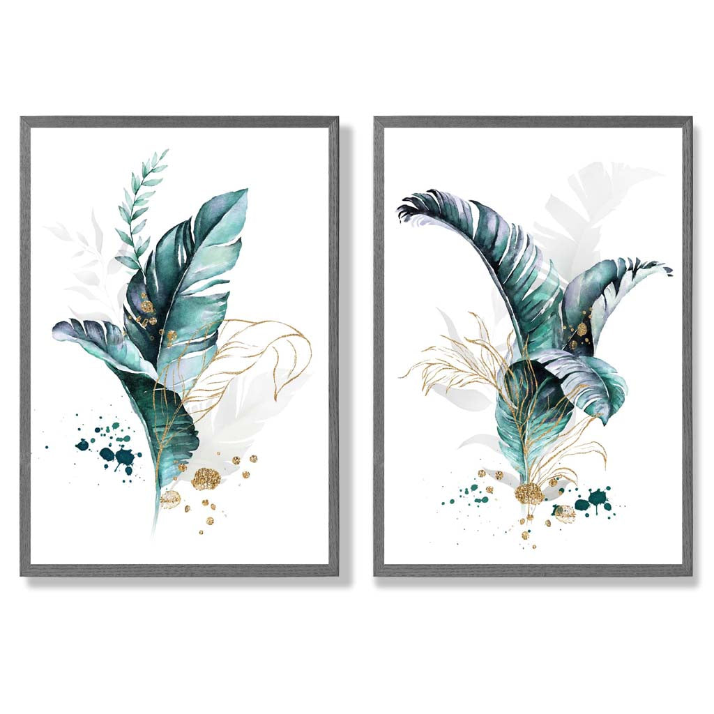 Abstract Teal Botanical Leaves Set of 2 Art Prints with Dark Grey Frame