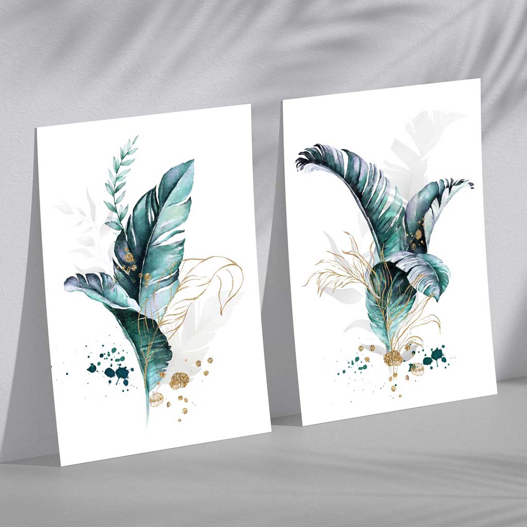 Abstract Teal Botanical Leaves Set of 2 Art Prints