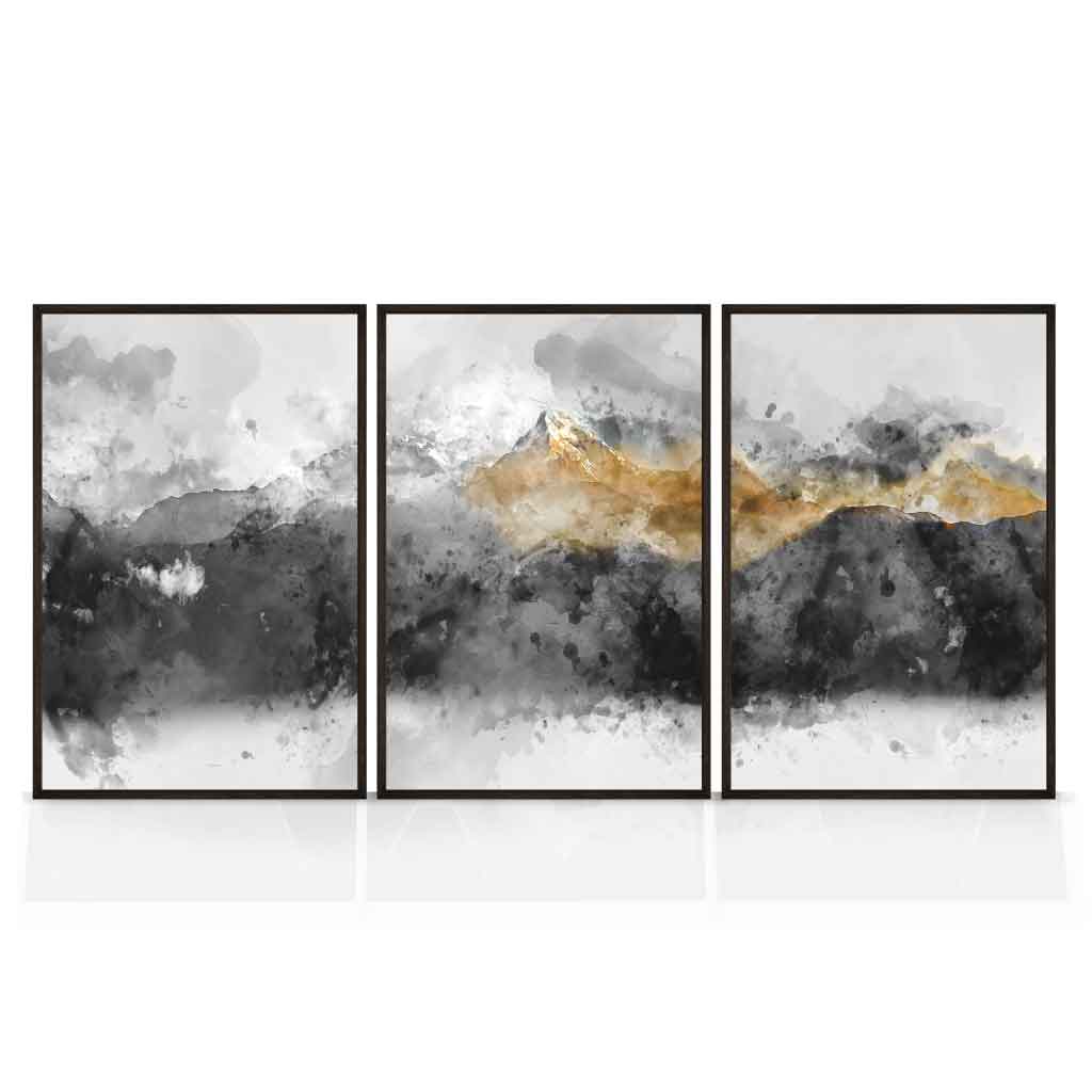 Set of 3 Abstract Mountains Black & Grey Framed Wall Art | Artze Wall Art UK