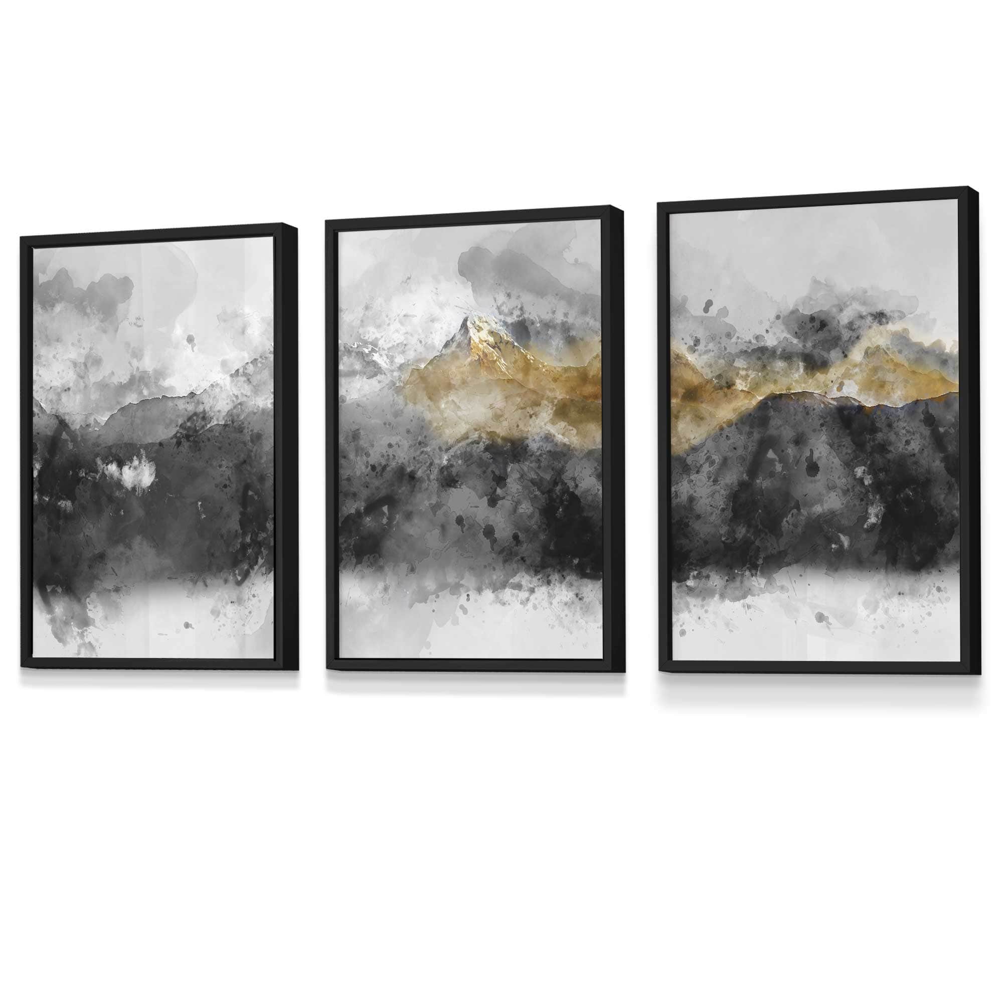 Set of 3 Abstract Mountains Black & Grey Framed Wall Art | Artze Wall Art UK