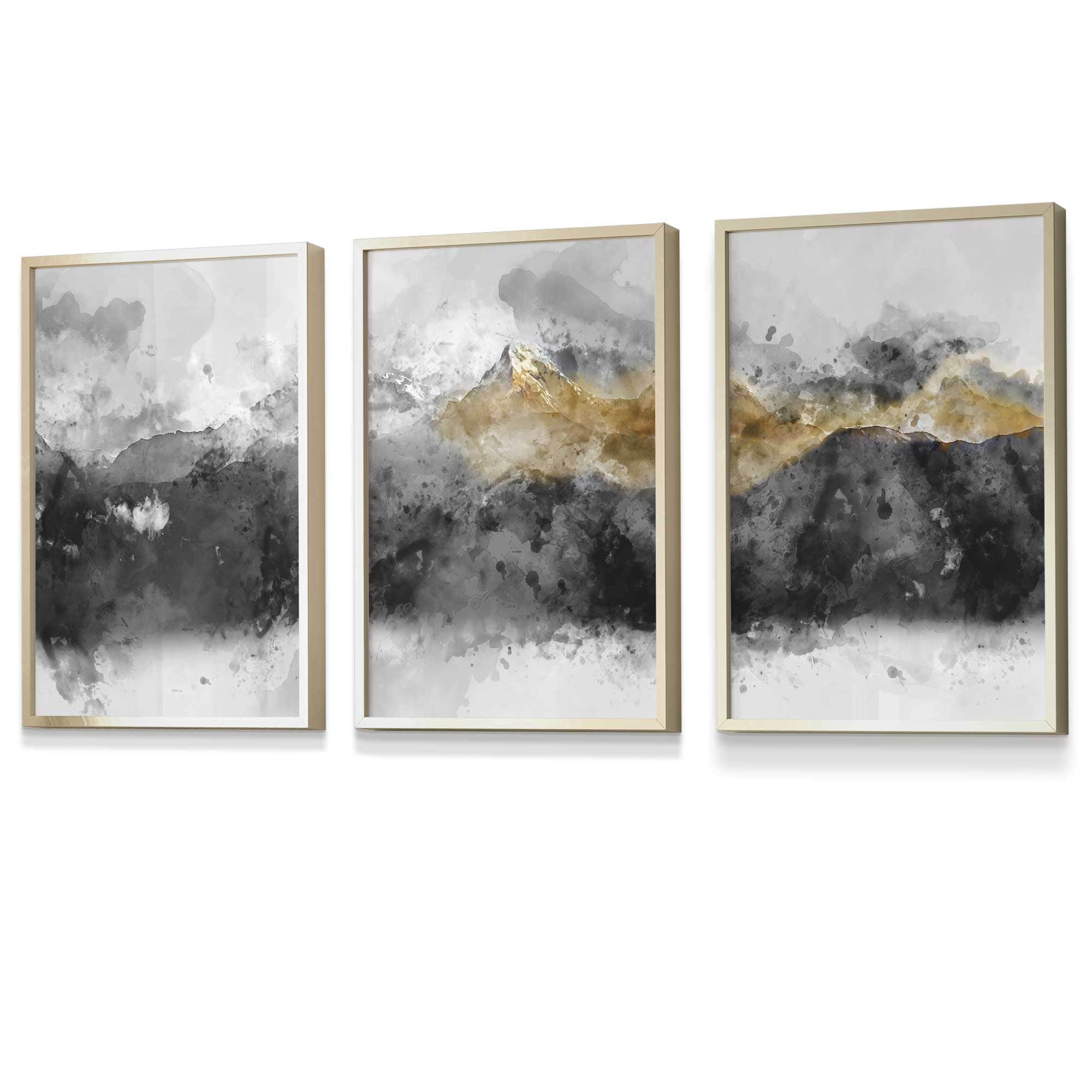 Set of 3 Abstract Mountains Black & Grey Framed Wall Art | Artze Wall Art UK