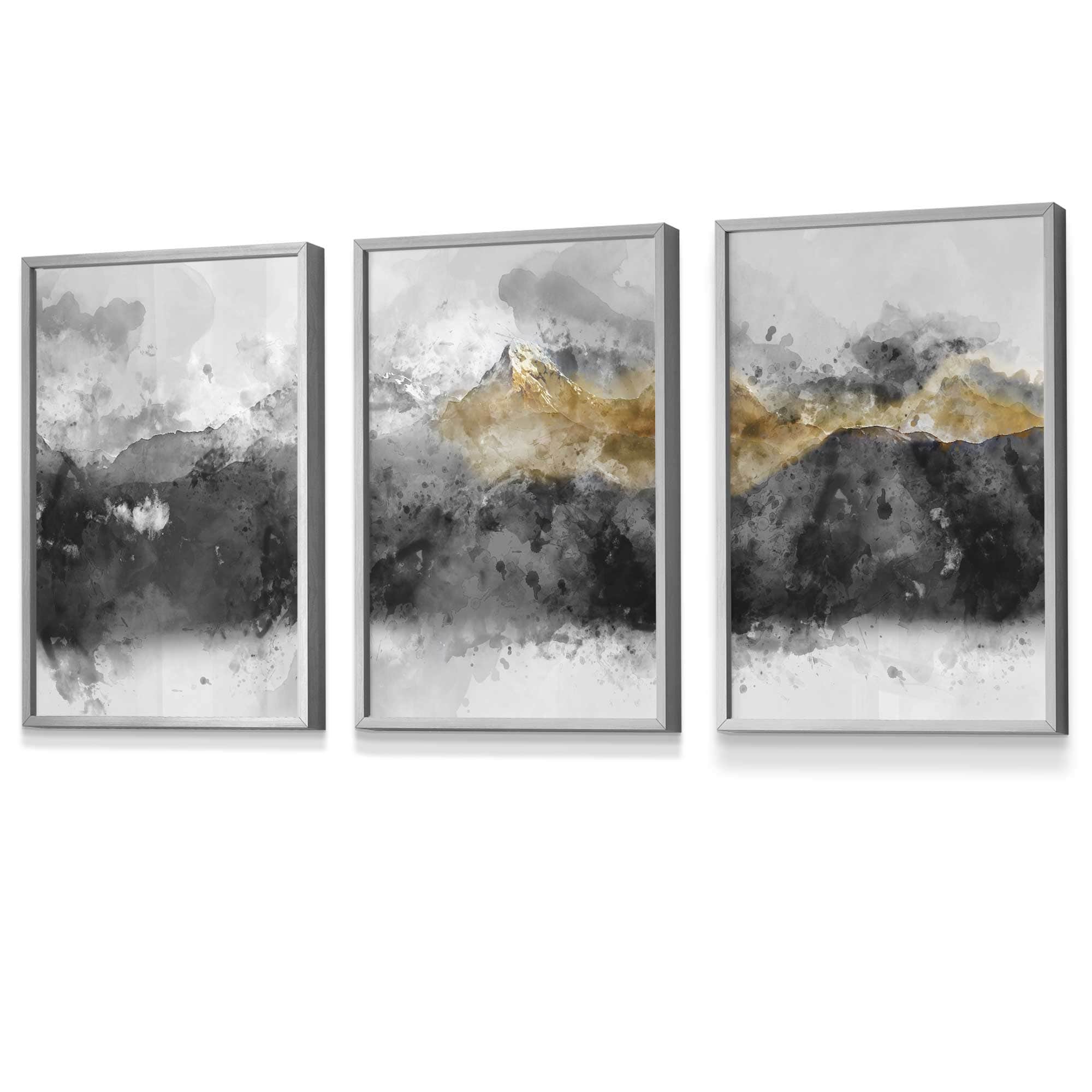 Set of 3 Abstract Mountains Black & Grey Framed Wall Art | Artze Wall Art UK