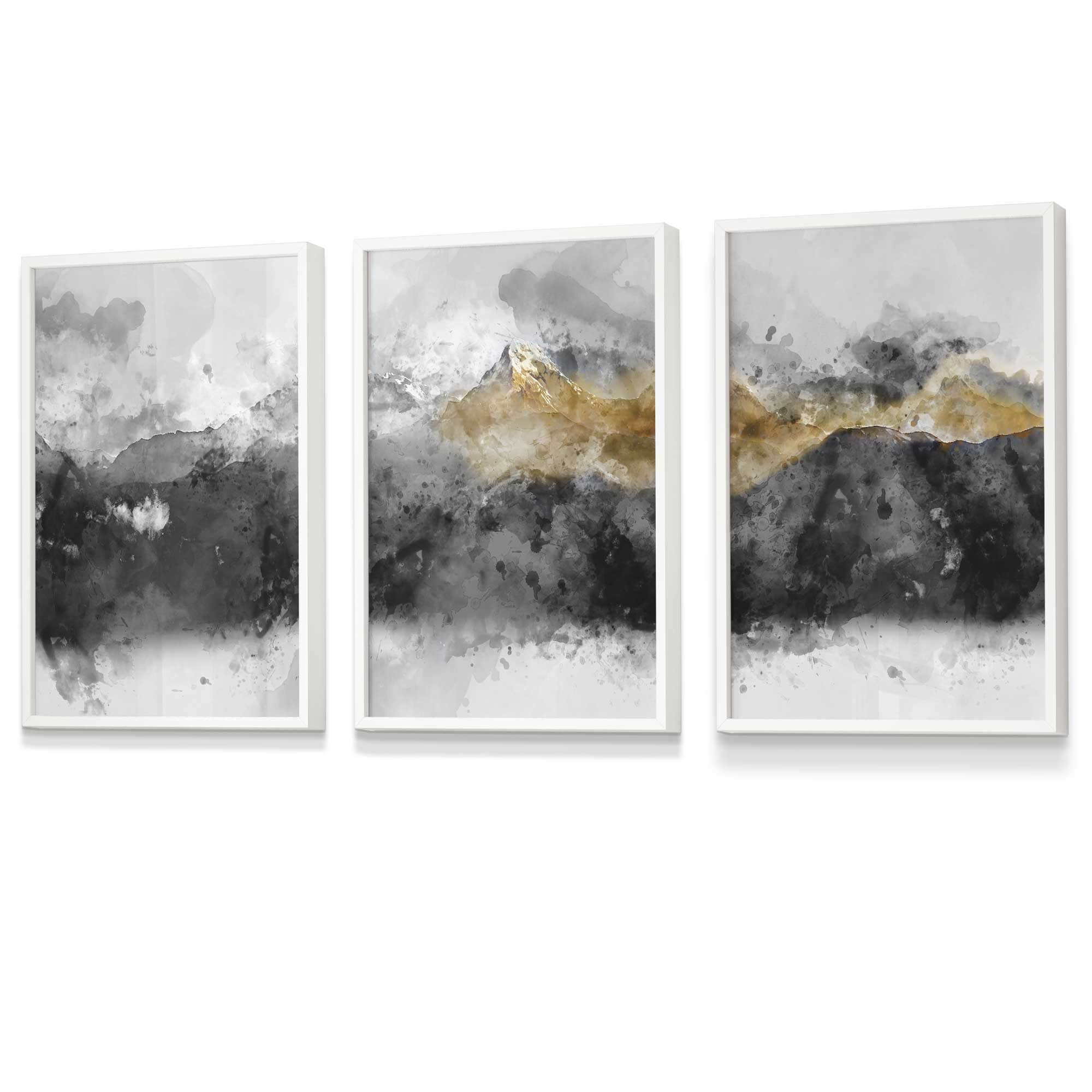 Set of 3 Abstract Mountains Black & Grey Framed Wall Art | Artze Wall Art UK