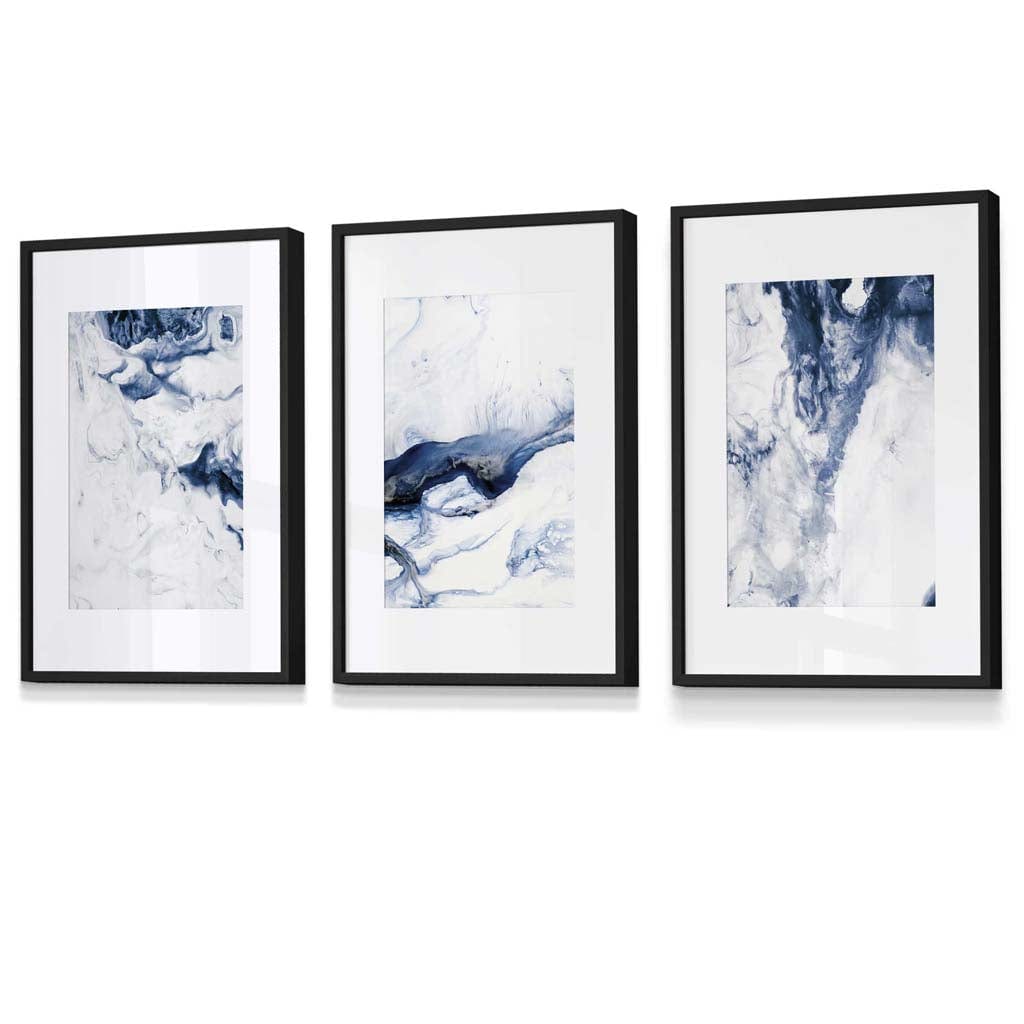 Set of 3 Navy Blue Abstract Ocean Waves Framed Wall Art | Artze Wall Art UK
