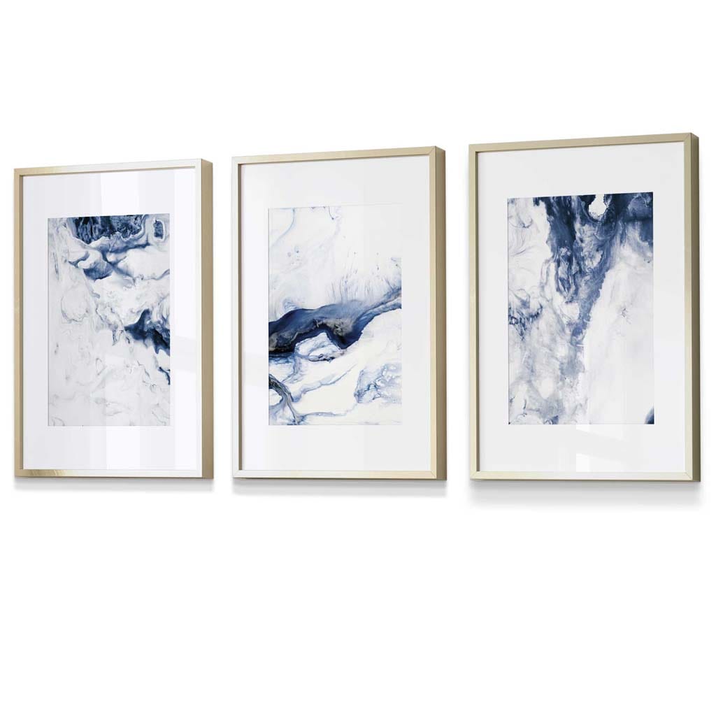 Set of 3 Navy Blue Abstract Ocean Waves Framed Wall Art | Artze Wall Art UK