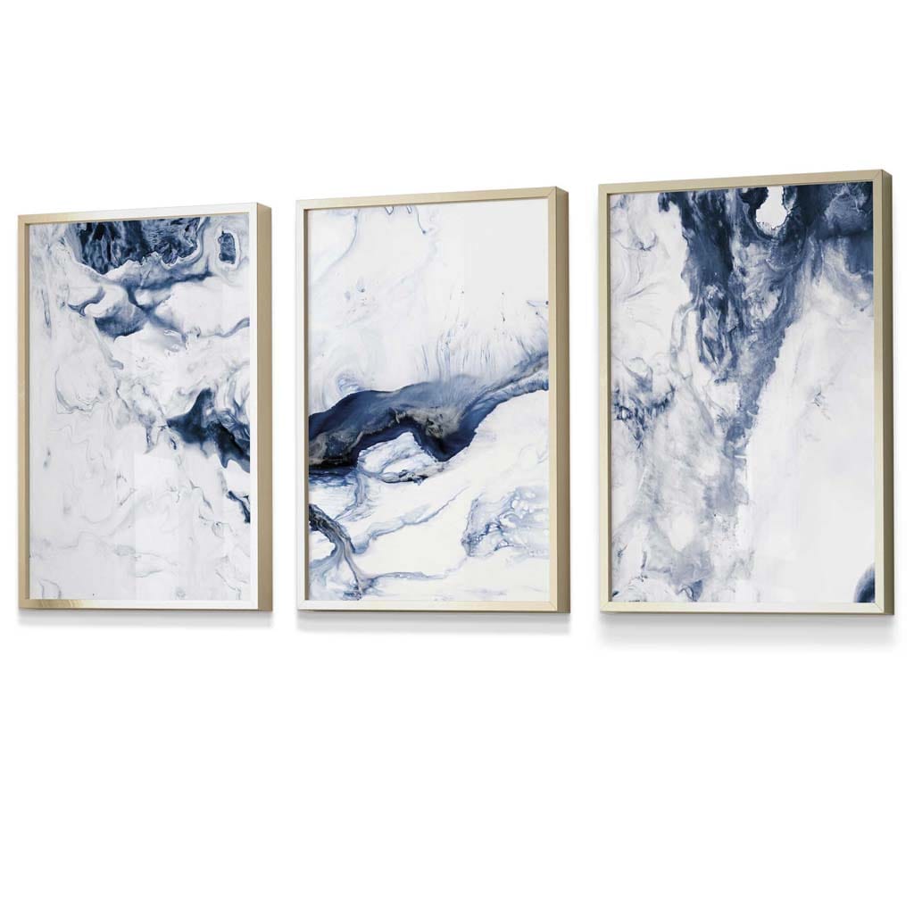 Set of 3 Navy Blue Abstract Ocean Waves Framed Wall Art | Artze Wall Art UK