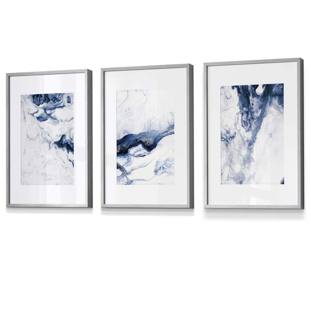 Set of 3 Navy Blue Abstract Ocean Waves Framed Wall Art | Artze Wall Art UK