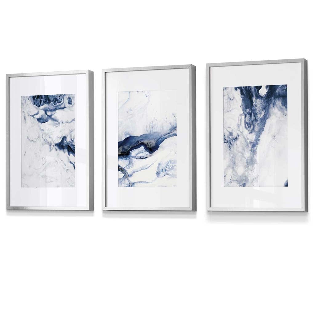 Set of 3 Navy Blue Abstract Ocean Waves Framed Wall Art | Artze Wall Art UK