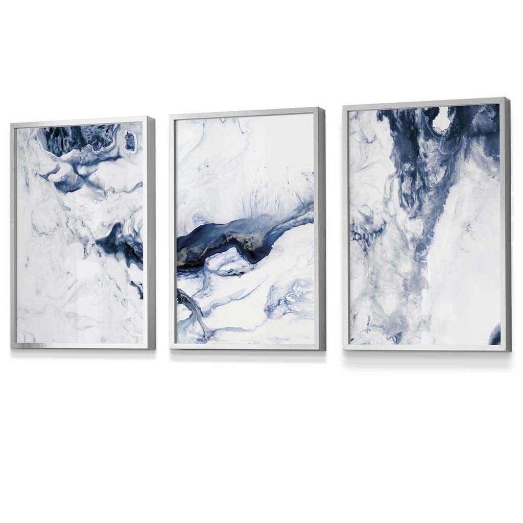 Set of 3 Navy Blue Abstract Ocean Waves Framed Wall Art | Artze Wall Art UK