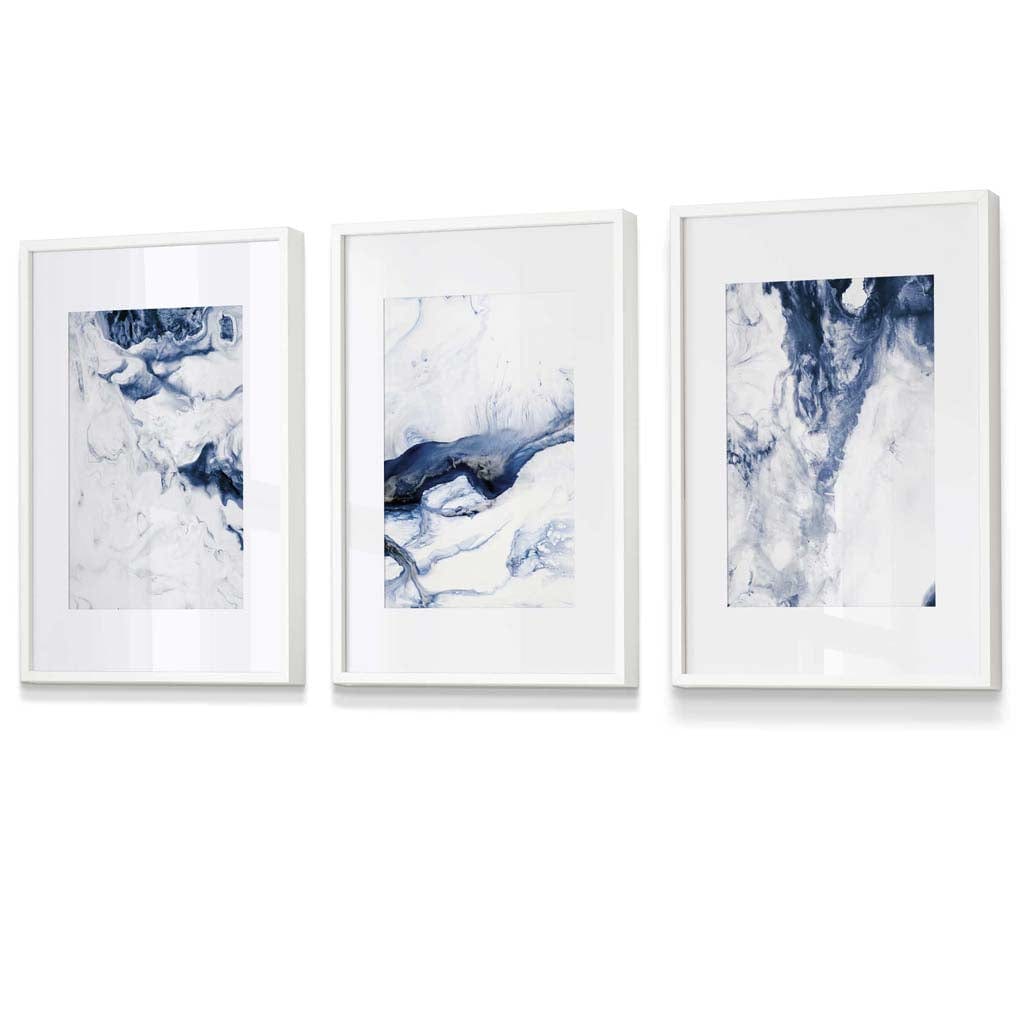 Set of 3 Navy Blue Abstract Ocean Waves Framed Wall Art | Artze Wall Art UK