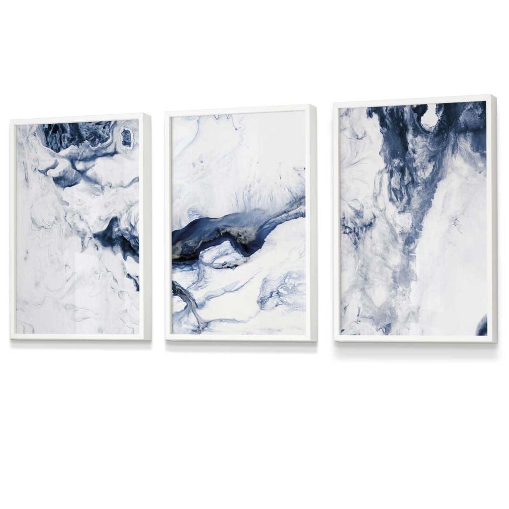 Set of 3 Navy Blue Abstract Ocean Waves Framed Wall Art | Artze Wall Art UK