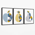Set of 3 Blue & Yellow Geometric Fruit Canvas Art Prints with Black Float Frame
