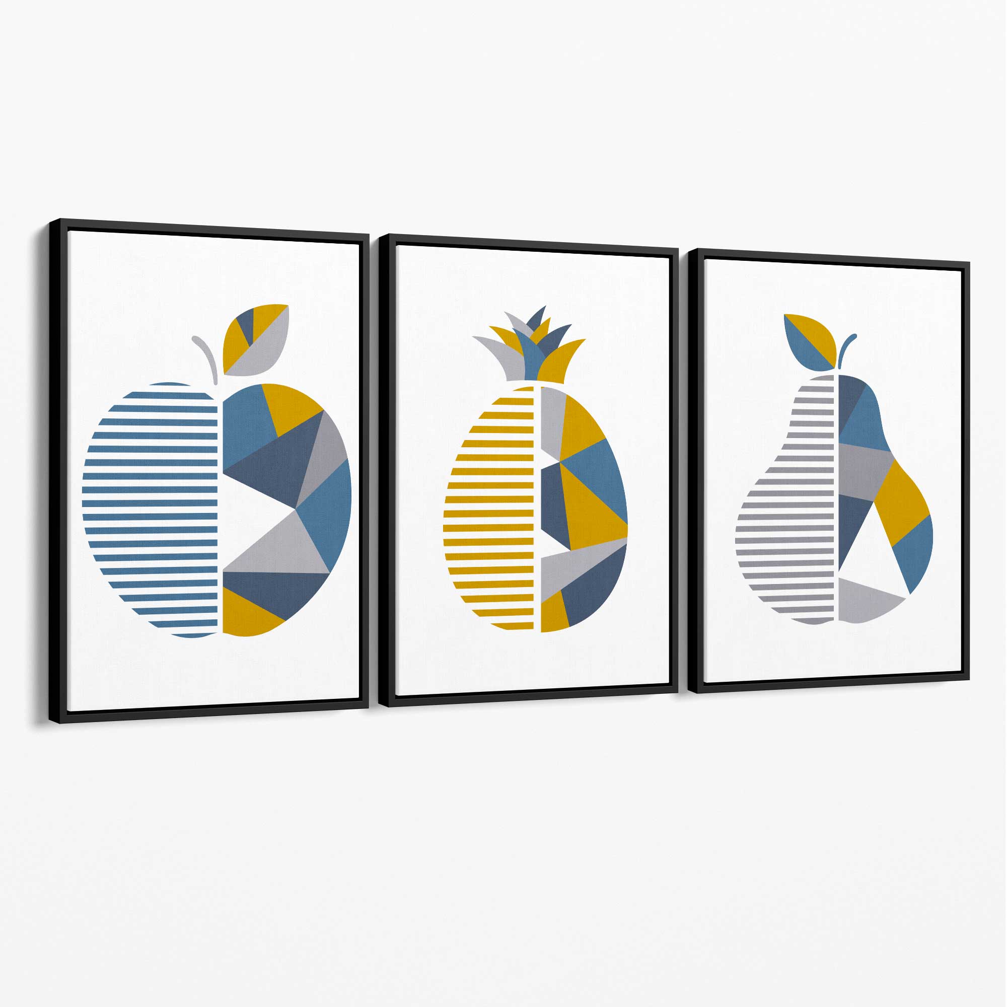 Set of 3 Blue & Yellow Geometric Fruit Canvas Art Prints with Black Float Frame