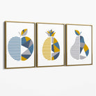 Set of 3 Blue & Yellow Geometric Fruit Canvas Art Prints with Gold Float Frame