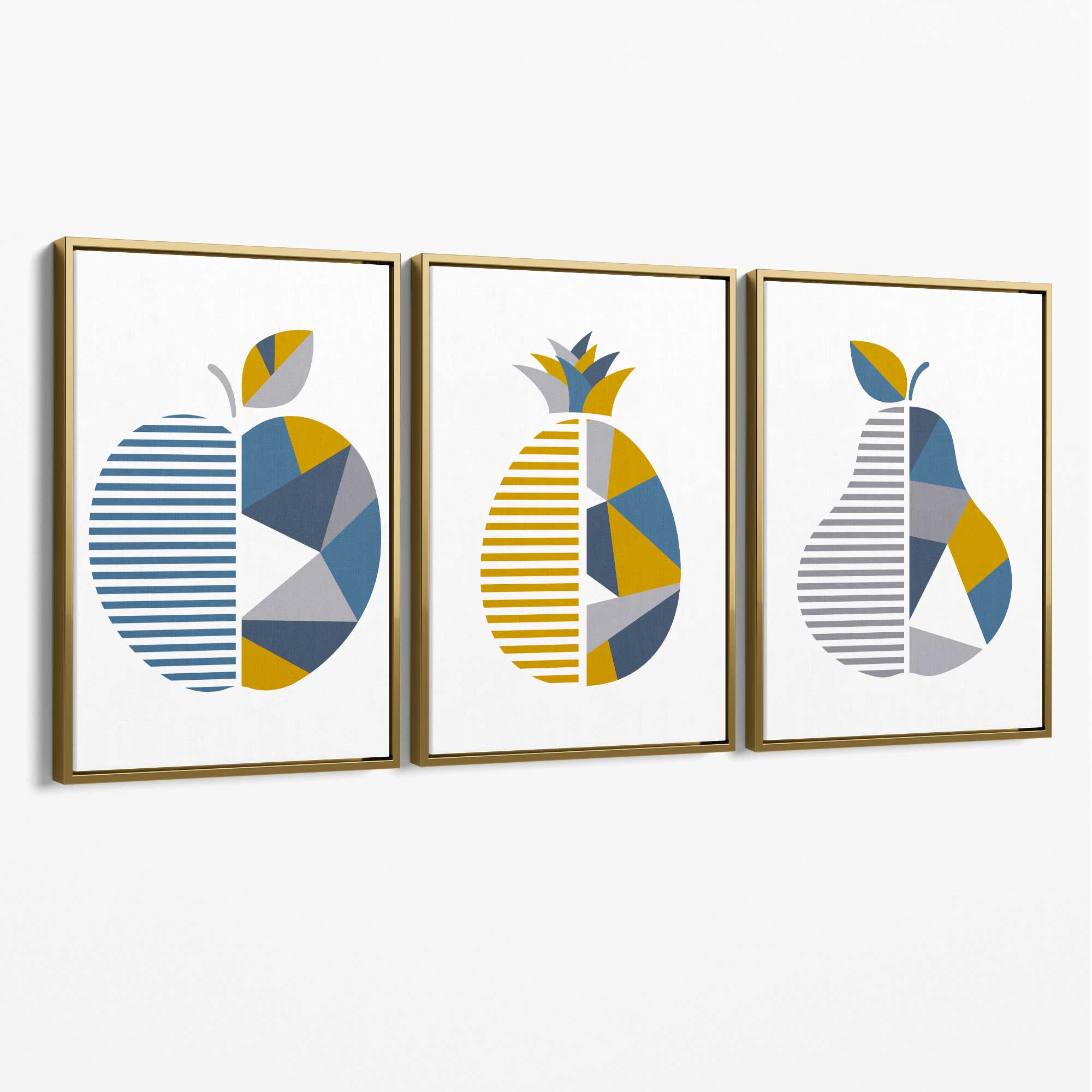 Set of 3 Blue & Yellow Geometric Fruit Canvas Art Prints with Gold Float Frame