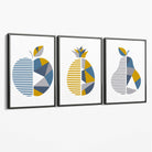 Set of 3 Blue & Yellow Geometric Fruit Canvas Art Prints with Grey Float Frame