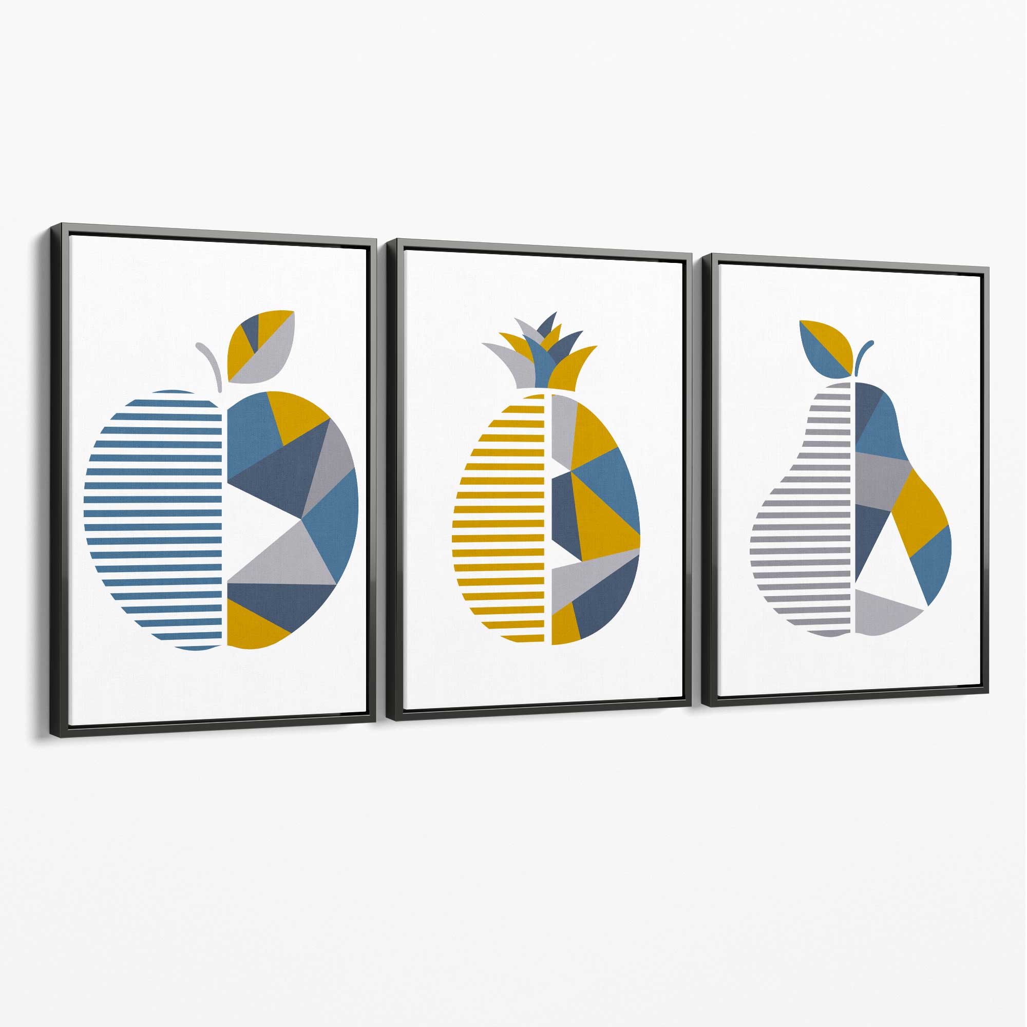 Set of 3 Blue & Yellow Geometric Fruit Canvas Art Prints with Grey Float Frame