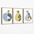 Set of 3 Blue & Yellow Geometric Fruit Canvas Art Prints with Oak Float Frame