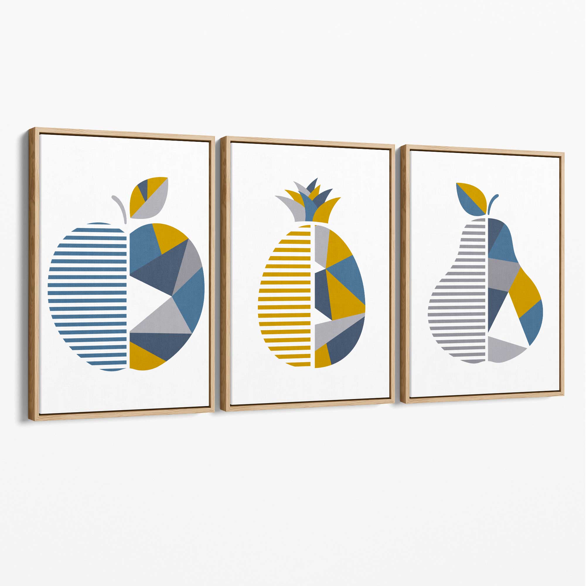 Set of 3 Blue & Yellow Geometric Fruit Canvas Art Prints with Oak Float Frame
