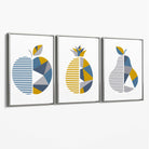Set of 3 Blue & Yellow Geometric Fruit Canvas Art Prints with Silver Float Frame