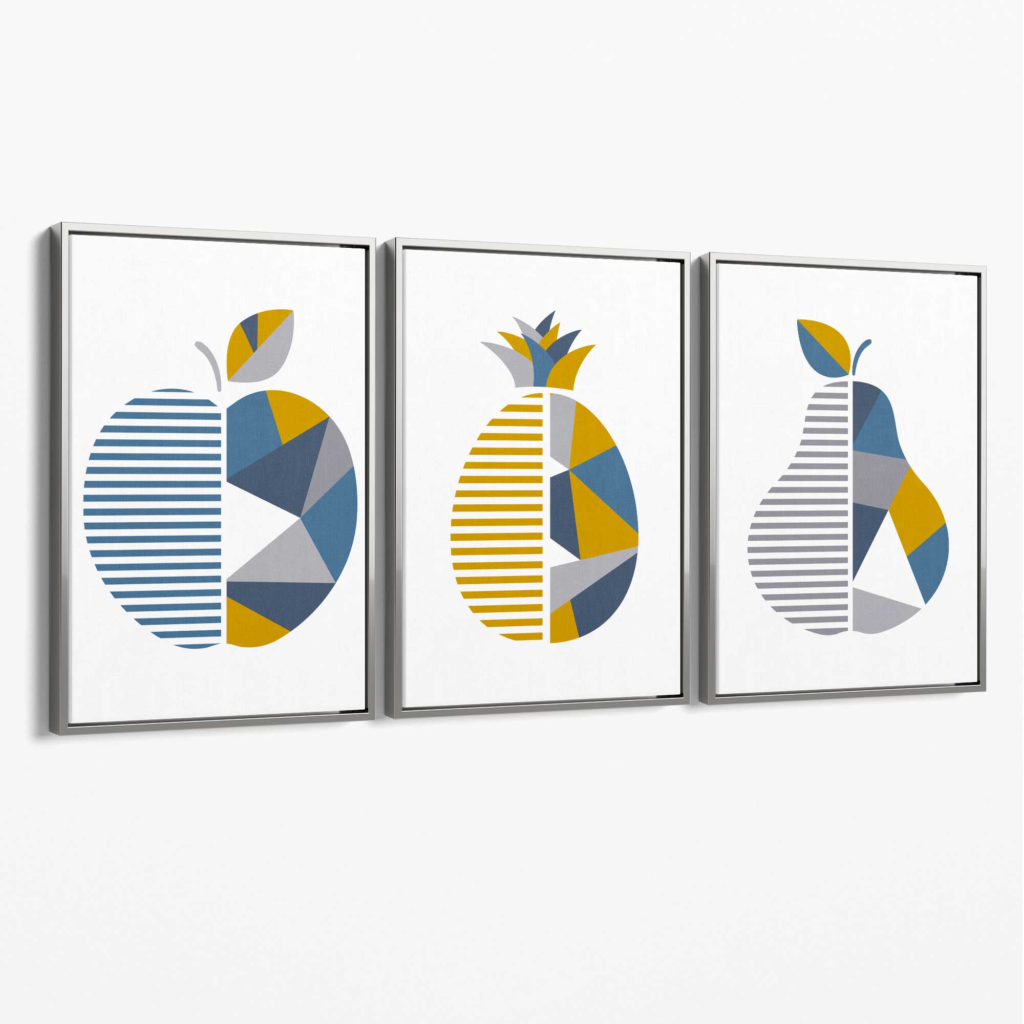 Set of 3 Blue & Yellow Geometric Fruit Canvas Art Prints with Silver Float Frame