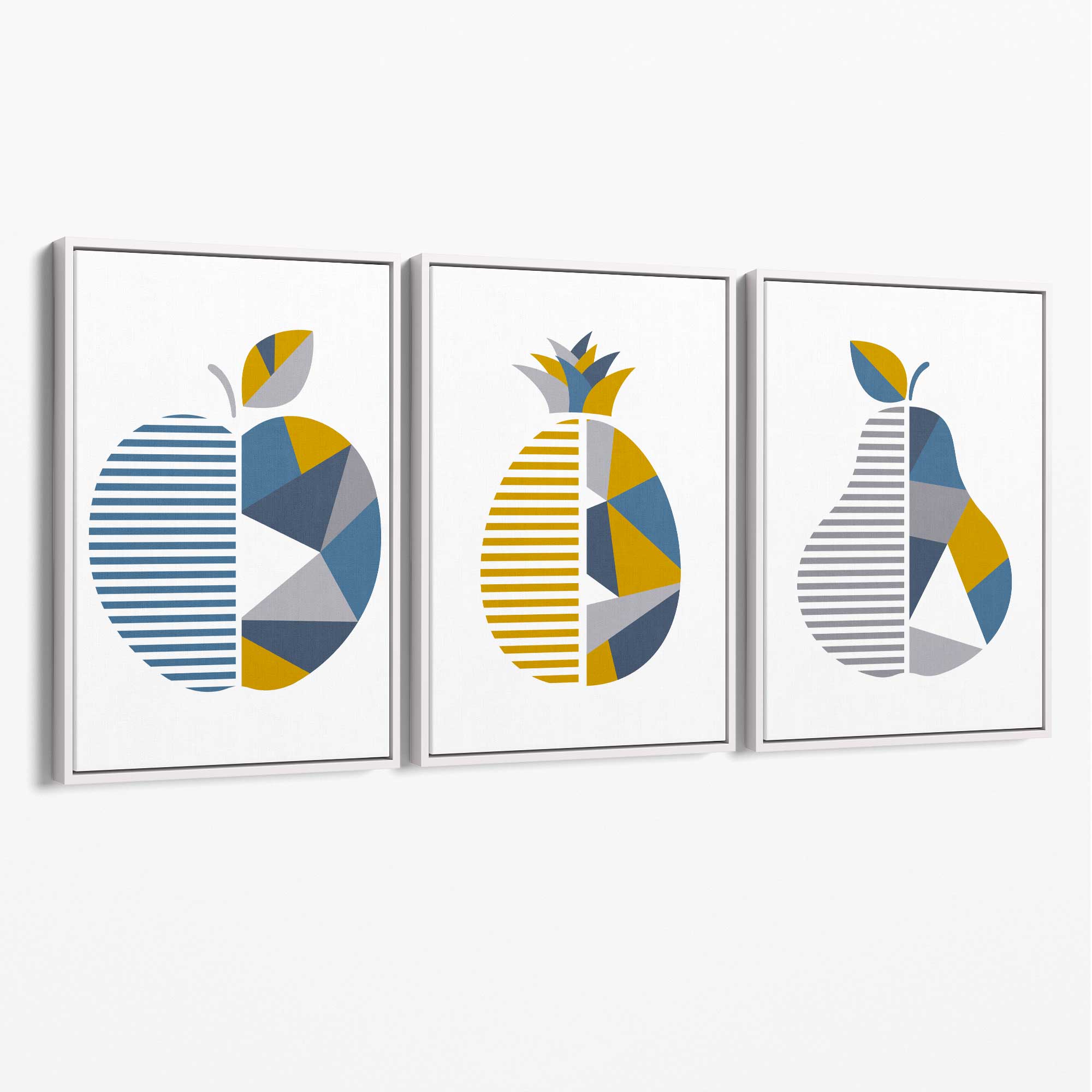 Set of 3 Blue & Yellow Geometric Fruit Canvas Art Prints with White Float Frame